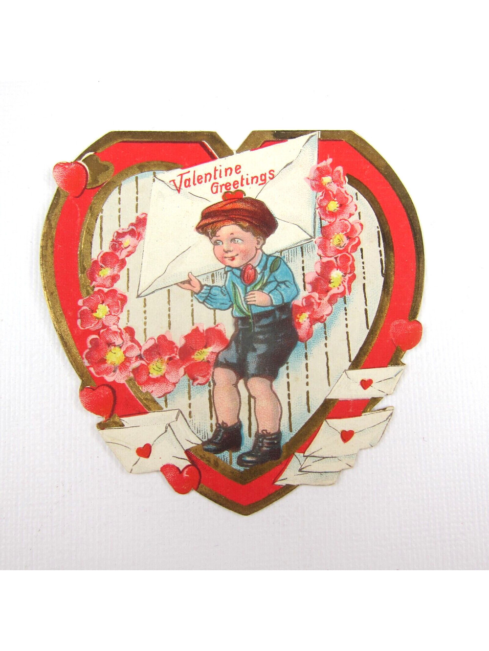 Vintage Valentine Card Die cut Boy Hat Red Rose Flowers Hearts Red Gold UNSIGNED